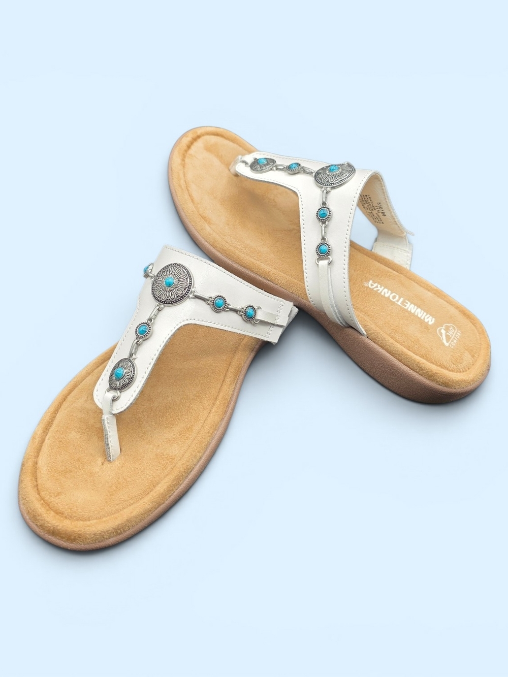Minnetonka White Thong Sandals with Turquoise Accents